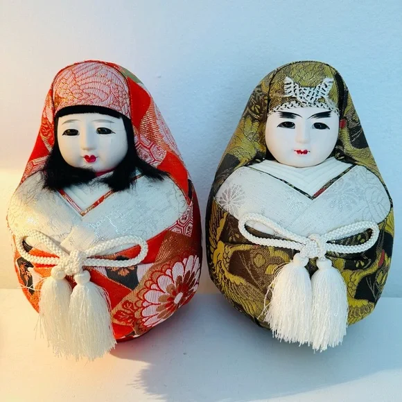 Vintage Japanese Dolls Daruma Hime Ningyo Pair Empress Jingu Handpainted H 8.5” - Picture 1 of 9